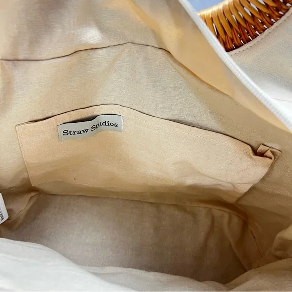 Straw Studios Blue Denim Handmade Rattan Trimmed Zipper Close Tote Handbag - Picture 6 of 14